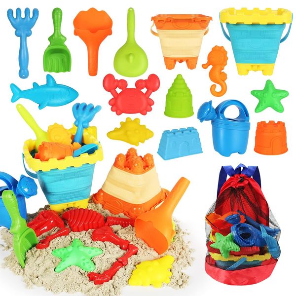 Elovien Beach Sand Toys Set, 24PCS Sandbox Toys with Mesh Backpack Bag Included 2 Foldable Buckets Pails, Sand Molds, Shovels, Rakes and Watering Can, Summer Outdoor Toys for Kids Toddlers Boys Girls