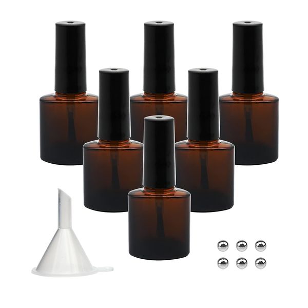 Agidea leere Nagellack-Flaschen, bernsteinfarben, 8 ml, leere dunkle Glasflaschen, nachfüllbar, mit Pinsel, Mischkugeln und Trichter, Braun, 6 Stück