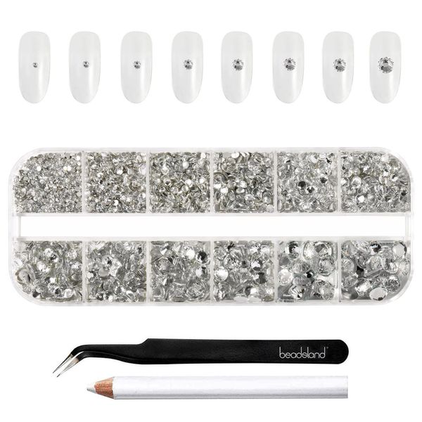 Beadsland Rhinestones for Makeup,8 Sizes 2500pcs Crystal Flatback Rhinestones Face Gems for Nails Crafts with Tweezers and Wax Pencil,Clear,SS4-SS30