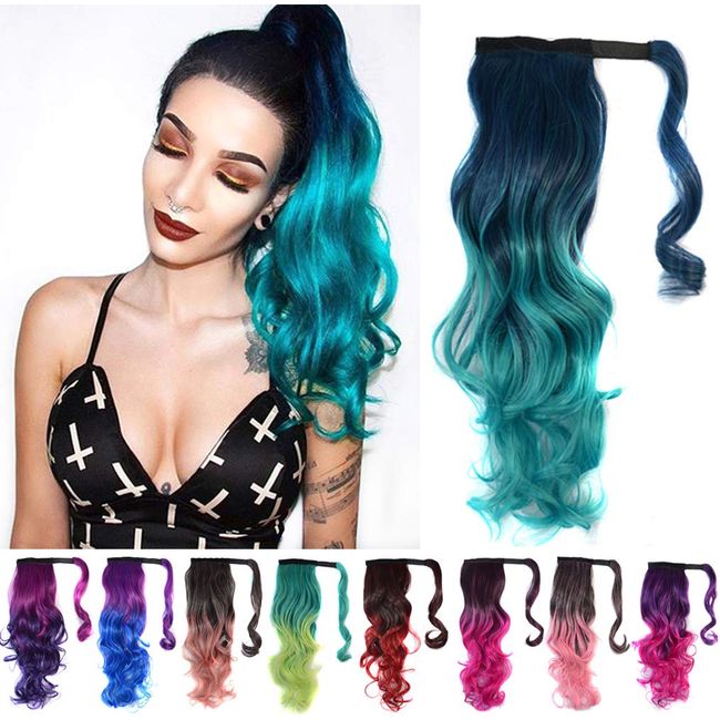 LesafeV Colorful Ombre 2 Tone Cosplay Ponytail Hair Extension Body Wavy Fake One Piece Clip in Warp Around Pony Tail Rose/Blue