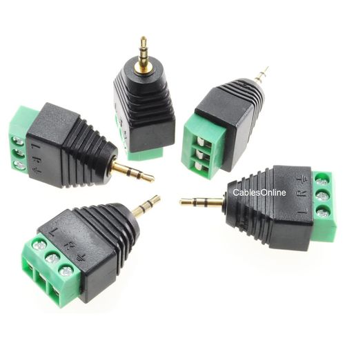 CablesOnline 5-Pack 2.5mm (1/8") Stereo TRS Male Plug to AV 3-Screw Terminal Block Balun Connectors, PL-CN22-5