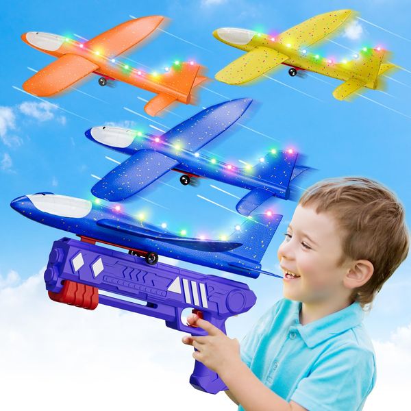 Ceekan 3-Pack LED Airplane Toy, Foam Glider with Plane Launcher - Catapult Plane with 2 Flight Modes, Kids Gifts Flying Toy for 3 4 5 6 7 8 9 10 11 12 Year Old Boys Girls