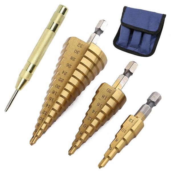 3Pcs High-Speed Steel Step Drill Bit Set with Automatic Spring Loaded Center Punch Power Tools Cone Titanium Coated Metal Hole Cutter 1/4" Hex Shank Drive Quick Change 4-12mm/4-20mm/4-32mm