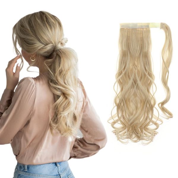 17" Long Curly Wavy Wrap Around Ponytail Clip in Hair Extensions One Piece Hairpiece Magic Tape in Pony Tail Extension for Women Dark Blonde mix Bleach Blonde