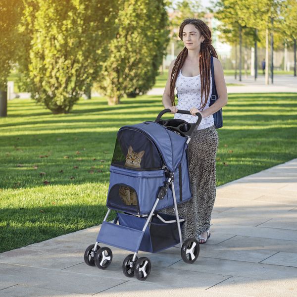 4 Wheels Blue Pet Stroller with Storage Basket Pet Travel Carriage Jogging Cart