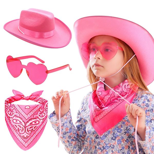 JeVenis Pink Cowgirl Hat Girls Cowboy Hat Kids Western Cowgirl Hat Bandana heart shape Sunglasses for Birthday Party