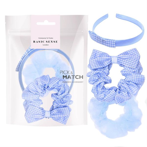 Basic Sense Gingham Check Hair Accessories Set, Hair Scrunchies, Headband, Aliceband for School Uniform, Sky Blue