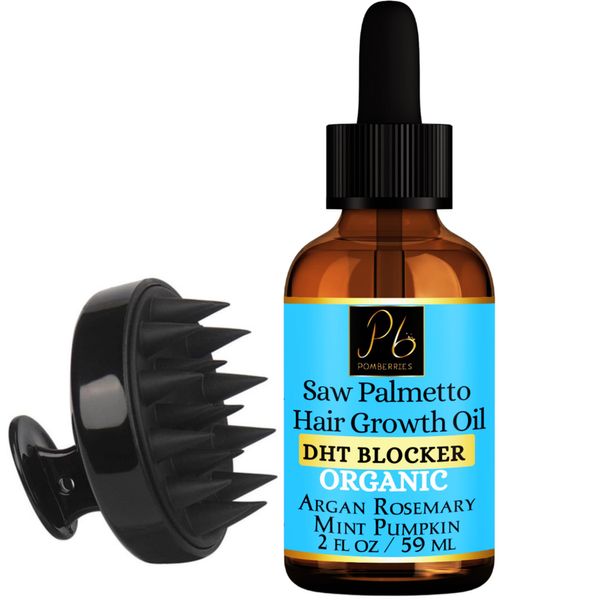 Saw Palmetto Hair Loss Treatment + Scalp Massager, Saw Palmetto Oil for Hair Growth with Organic Rosemary Oil, Morrocan Argan Oil, Amla Oil, Pumpkin Seed Oil, DHT Blocking Oil, Organic Hair Oil