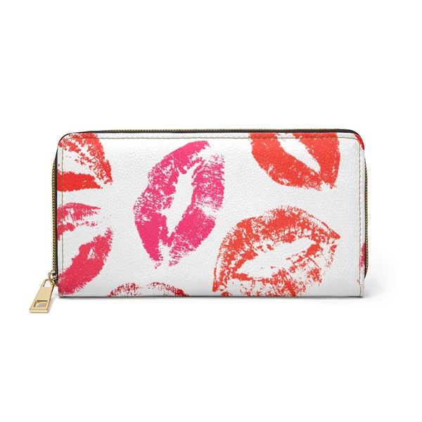 Womens Wallet, Zip Purse, White & Red Lipstick Kisses - One size