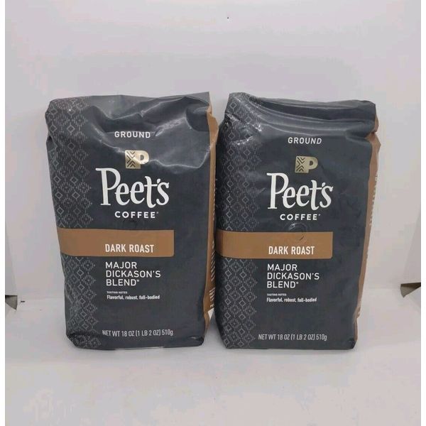 2 BAGS PEET'S MAJOR DICKASON'S BLEND GROUND DARK RAOST COFFEE 18OZ EACH FB 08/24