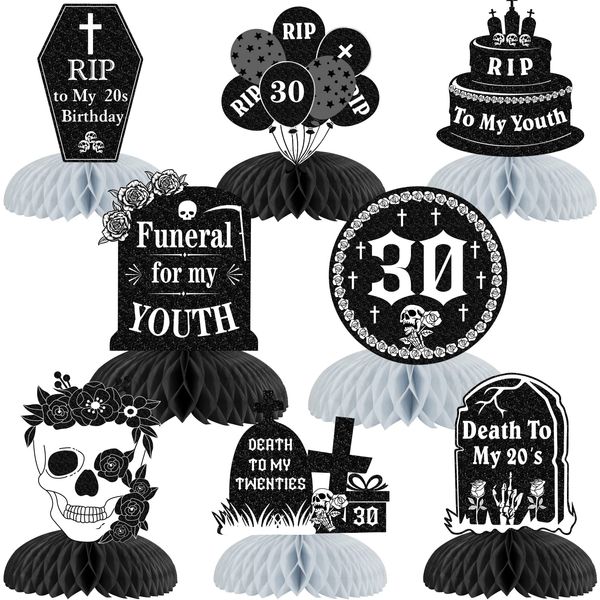 Fangleland 30th Birthday Table Decorations, 8Pcs Rip to My 20s Honeycomb Centerpieces, Black Silver Death of My Youth 30 Party Decorations for Table, Funeral Gothic Thirty Birthday 3D Party Supplies