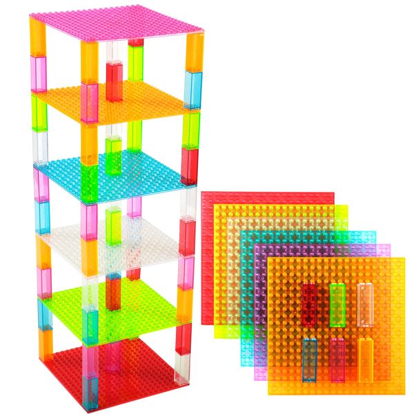 Strictly Briks Compatible with Lego Toy Building Block - Classic Stackable Baseplates 6x6 Inch Brik Tower for Baby,Kid, 6 Baseplates & 50 Stackers - Clear Colors, 56 Pc