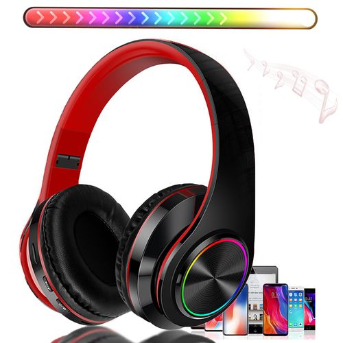 Bluetooth Wireless Over Ear Headphones, HiFi Stereo Sound Foldable Headphones,Colorful LED Lights Headphones with Built-in Mic,Wired for School/Tablet Computer/PC/TV/Cellphones/Travel (Black Red)