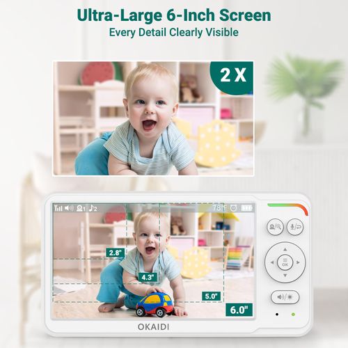 OKAIDI Baby Monitor with Camera and Audio,6.0" IPS Screen Baby Camera Monitor with 150 Languages Supported,30H Battery,1000ft Range Travel Baby Monitor No WiFi,Night Vision,2-Way Audio