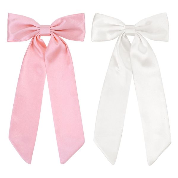 2 PCS Big Bow Hair Clips Soft Bowknot Hair Pins French Long Tail Hair Barrettes Ponytail Holder Slides Metal Headpieces Vintage Headwear Party Wedding Hair Accessories for Women Girls(white+pink)