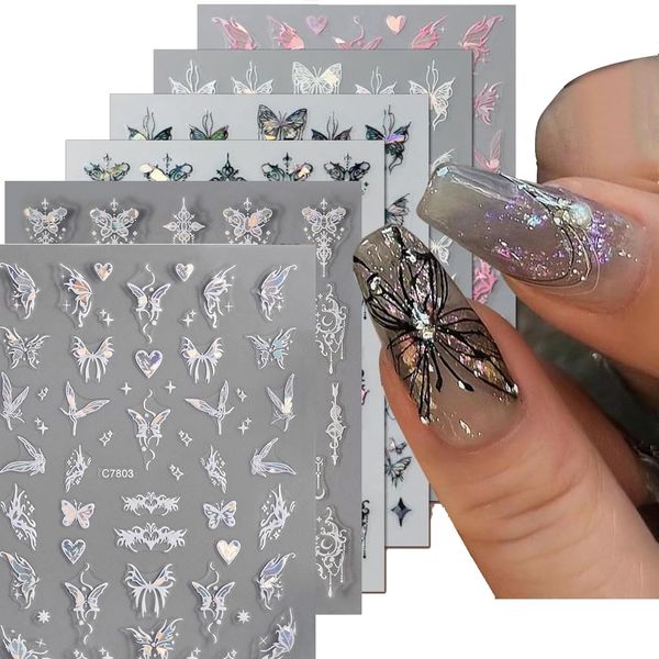 BIRLOZA 3D Metallic Black Farfalla Nail Sticker Laser Pink Aurora Farfalla Sticker Nail Sticker Sticker Farfalla Nail Art Sticker Sticker Nail Art Punk Butterfly Nail Art Stickers Silver Nail Sticker