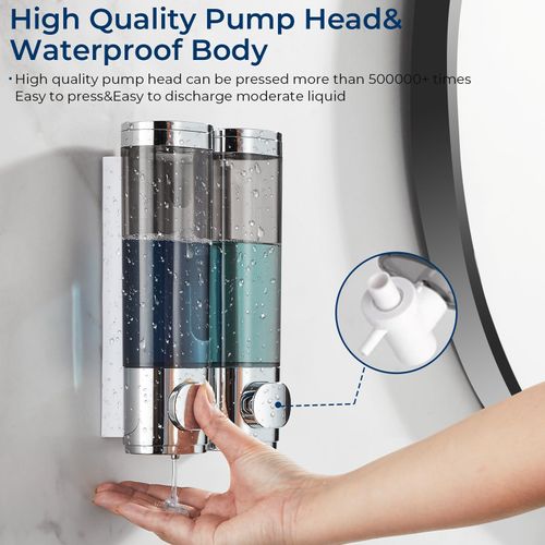 Shampoo Dispensers for Shower Wall Mounted, Shower Shampoo Dispenser 2 Chamber No Drill Shampoo and Conditioner Dispenser Body Wash Dispenser for Bathroom,Large Capacity,Chrome