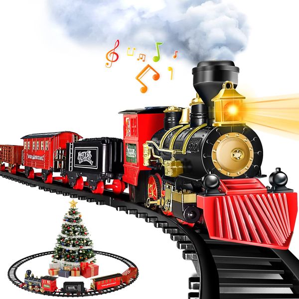 BainGesk Train Set, Christmas Train Set with Steam, Light and Sounds, Electric Train Toy for Boys & Girls, Christmas Train Set for Under The Tree, Gifts for 3 4 5 6 7 8 Year Old Kids