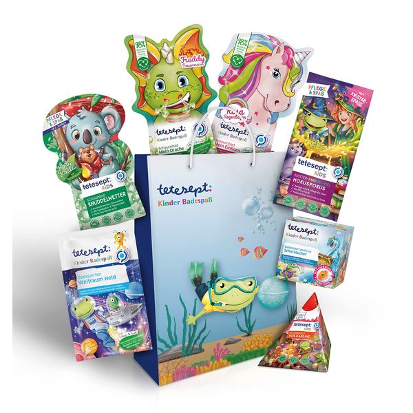 tetesept Kinder Badespaß Geschenkset – Pflegende Schaumbäder, Badeperlen, Badesalz & Badeüberraschung – 7 x tetesept Kinder Badezusatz-Produkte