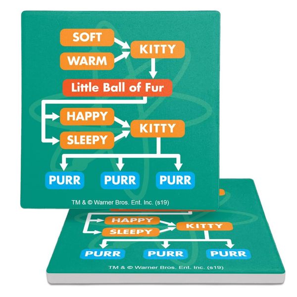 Big Bang Theory Soft Kitty Flow Chart Square Ceramic Coasters, Set of 2, 3.9", Cork Base