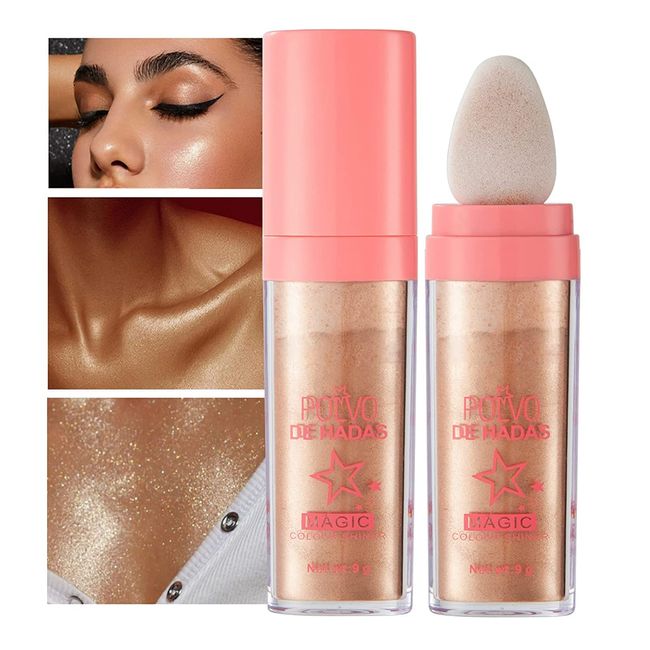 GL-Turelifes Hightlighter Stick Puff Fairy Glitter Loose Powder Brush Stick Contouring, Shimming Powder for Eyes, Face, Body Tiktok Makeup (#03 Gold Brown)