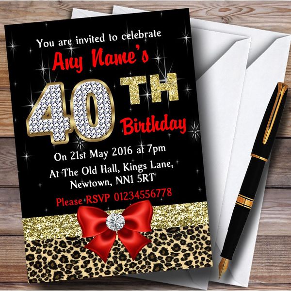 Red Diamond and Leopard Print 40Th Birthday Party Personalised Invitations