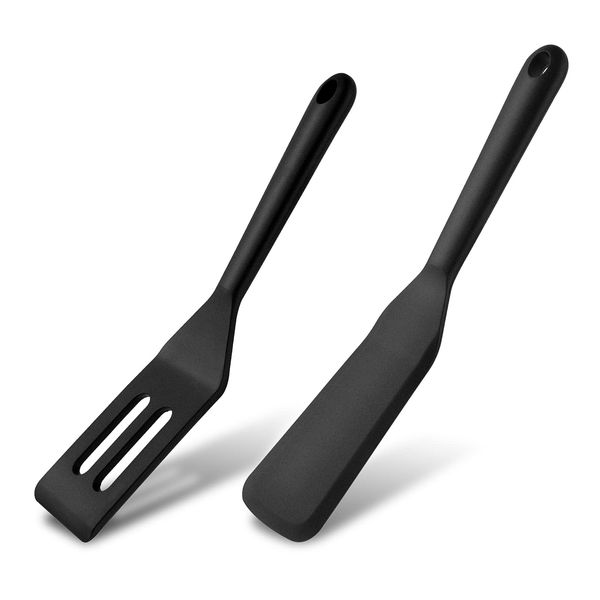 Thinp 2 Pieces Mini Serving Spatula, Nonstick Silicone Spatula Small Spatula Silicone Serve Turner Slotted Cookie Spatula for Serving Flipping or Cooking Desserts Lasagna or Cookie (Black)