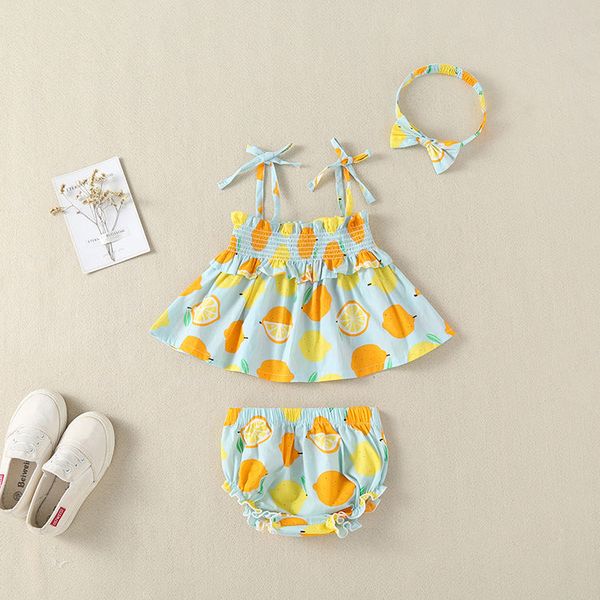 Baby Girl Lemon Fruit Print Sleeveless Dress Combo Short Pants In Sets - 73 (6-9M) / Blue