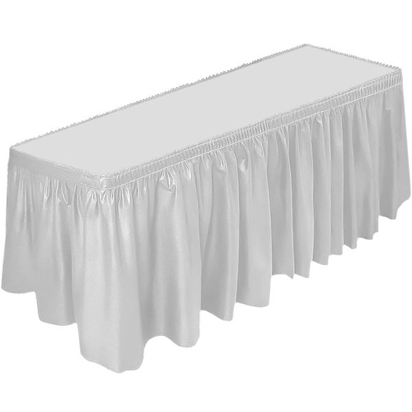 DecorRack Table Skirt, 29 in x 14 ft -BPA Free- Plastic Tableskirt, Disposable, Reusable, Rectangular Tablecloth Skirt, White (1 Pack)