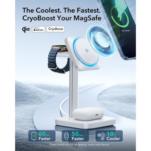 ESR for MagSafe Charger Stand, 3 in 1 Charging Station with CryoBoost, Phone-Cooling Wireless Charging Station, Qi2 Certified 15W MagSafe Stand, for iPhone16/15/14/13/12, AirPods, Apple Watch, White