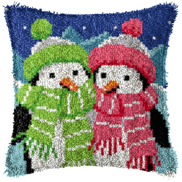 Ylkgogo Latch Hook Kits DIY Throw Pillow Cover with Printed Penguins Canvas Needle Craft for Kids and Adults Home Decoration 17" X 17"