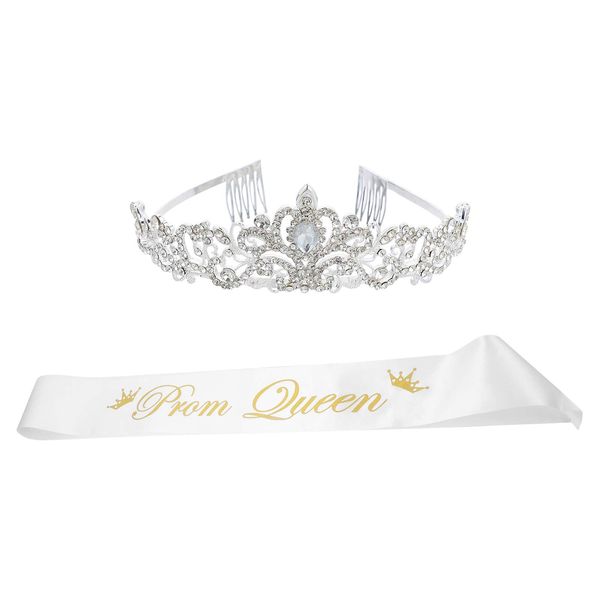 2Pcs Prom Queen Sash and Tiara Set Rhinestone Crystal Tiara Crown for Birthday Weddding Graduate Party Accessories