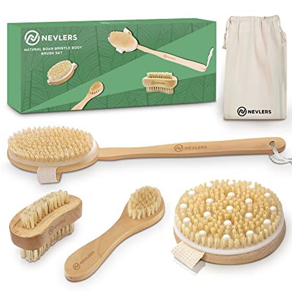 Nevlers Natural Boar Bristle Body Brush Set with Detachable Cellulite Massage Brush and Long Wooden Handle for Dry Brushing Perfect Kit to Exfoliate and Get Rid of Cellulite