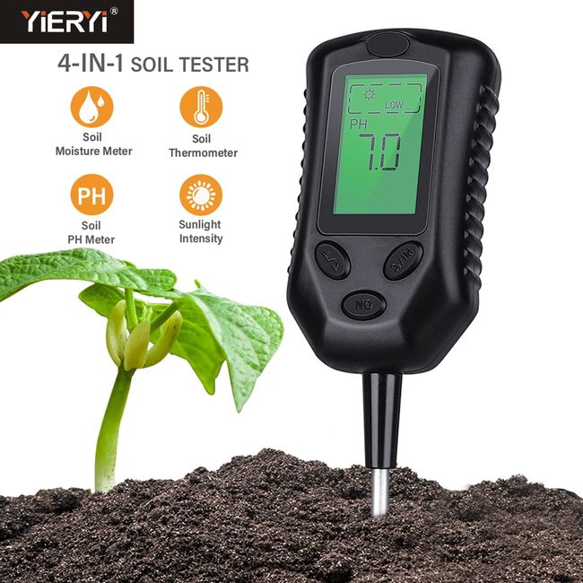 4 in 1 Soil Moisture Meter, PH Meter/Sunlight Intensity/Ambient Humidity  Backlit LCD Display Soil Tester