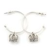 Silver Tone Hoop With Crown Drop Earrings - 30mm Diameter