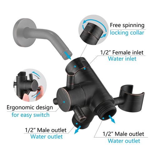 PDPBath Solid Brass 3 Way Shower Arm Diverter Valve with Handheld Holder for Dual Shower Heads with G1/2 Universal Connection - Oil Rubbed Bronze