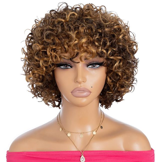 Rebecca Fashion 8" Highlight Brown Wigs for Black Women Human Hair, Short Curly Wigs with Bangs, 10A Brazilian Virgin 150% Density, Wear and Go Glueless Wigs, DX3147