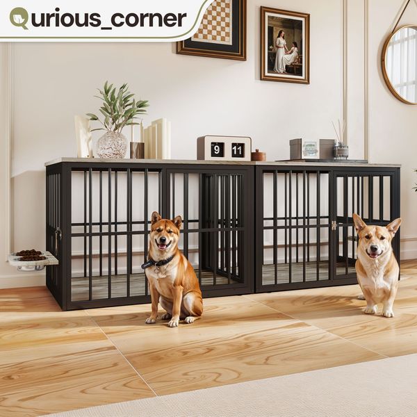 77" Dog Crate Heavy Duty Wood Kennel 3 Door Stackable Hutch Corner Cage Pet Bowl