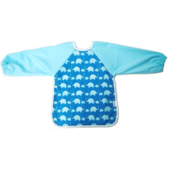 AnaBaby Premium Soft Long Sleeve Water Resistant Washable Baby Toddler Bib with Reversible Pocket, Perfect for Feeding and Messy Play (Blue Elephant)