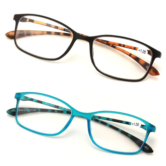 V.W.E. 2 or 3 Pairs Rectangular Lightweight Flexible Temple Readers - Colorful Reading Glasses