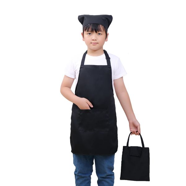 cozycube Apron, Children's Apron, Triangle Cloth, Drawstring Bag Set, Wrinkle Resistant, Water Repellent, Stain Resistant, Elementary School Students, Plain, Simple, Easy to Put on and Take off,