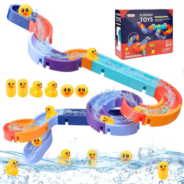 Vibbang Bath Toys for Toddlers, Baby Bath Toys Water Slide With Wind-Up Duck, Water Track Bathtub Toys, Interactive Ferris Wheel Bath Toys, Bath Duck Slide Toy, DIY Educational Watermill Toy (34 Pcs)