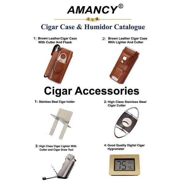 AMANCY Luxury 2 Holder Brown Leather Portable Cigar Case Gift Set,Contained  2 Oz Stainless Steel Flask with Lighter and Cutter