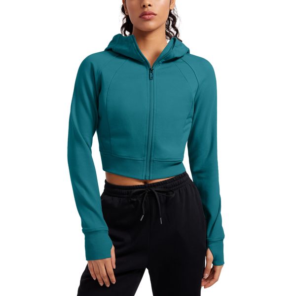 CRZ YOGA Damen Full Reißverschluss Fleece Hoodie Jacke Cropped Running Zip Up Laufjacke Workout Sport Sweatjacke mit Daumenloch Grüne Jade 38