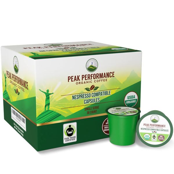 Organic Nespresso Compatible Capsules - Peak Performance Fair Trade, Low Acid, Organic Espresso Coffee Pods (36 Count) Compatible With All Nespresso Capsule Brewers. Medium Roast Single Serve Pod