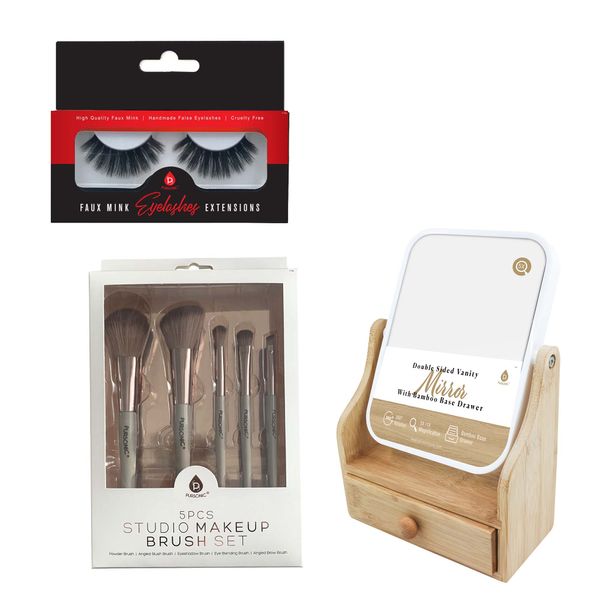 Pursonic Glamour Essentials Bundle: 5pc Studio Makeup Brush Set + False Eyelashes Extensions + Dual-Sided Vanity Mirror - 1