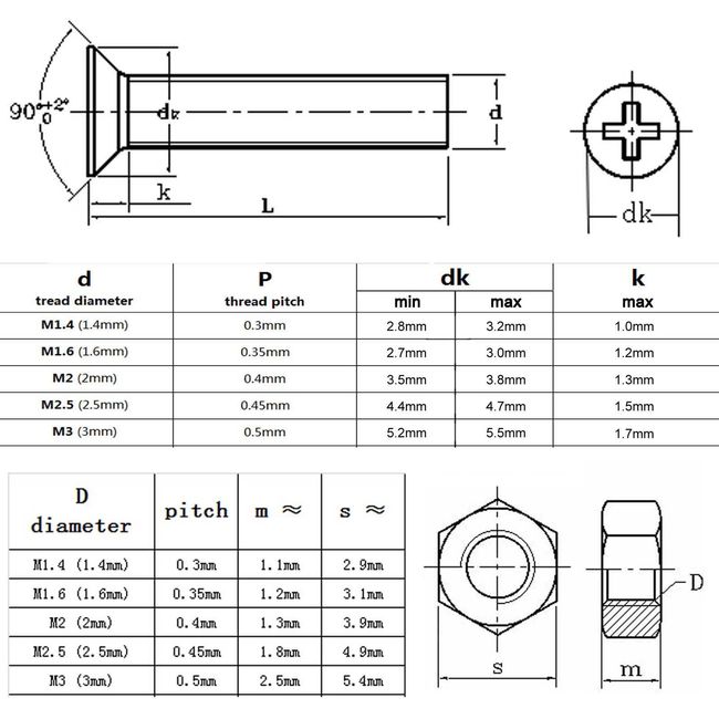 750pcs M1.4 M1.6 M2 M2.5 M3 Phillips Pan Head Small Machine Screws