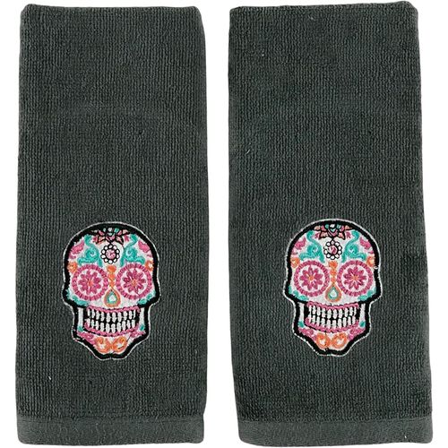 Halloween Bathroom Fingertip Towels Set of 2 – Day of The Dead Día de Los Muertos Sugar Skull Decor 100% Cotton- 11" x 18" Embroidered Gray Plush Decorative Holiday Decor