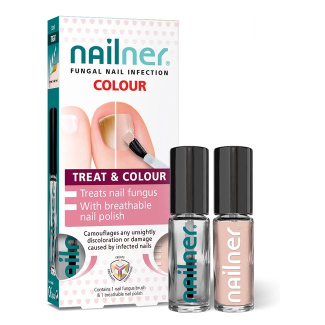 Nailner Treat & Colour Anti Fungal Nail Treatment Brush 2 x 5 ml Duo Pack for Toenails and Breathable Nail Varnish - Conceal, Treat & Prevent Fungus Nail Infection - Nude Pink