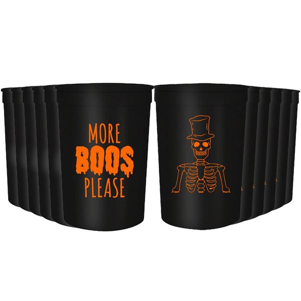 Halloween Party Cups - Set of 12 Orange or White 16oz Stadium Cups, Perfect for a Halloween Party, Halloween Favors, Trick or Treat Supplies (More Boos Black)